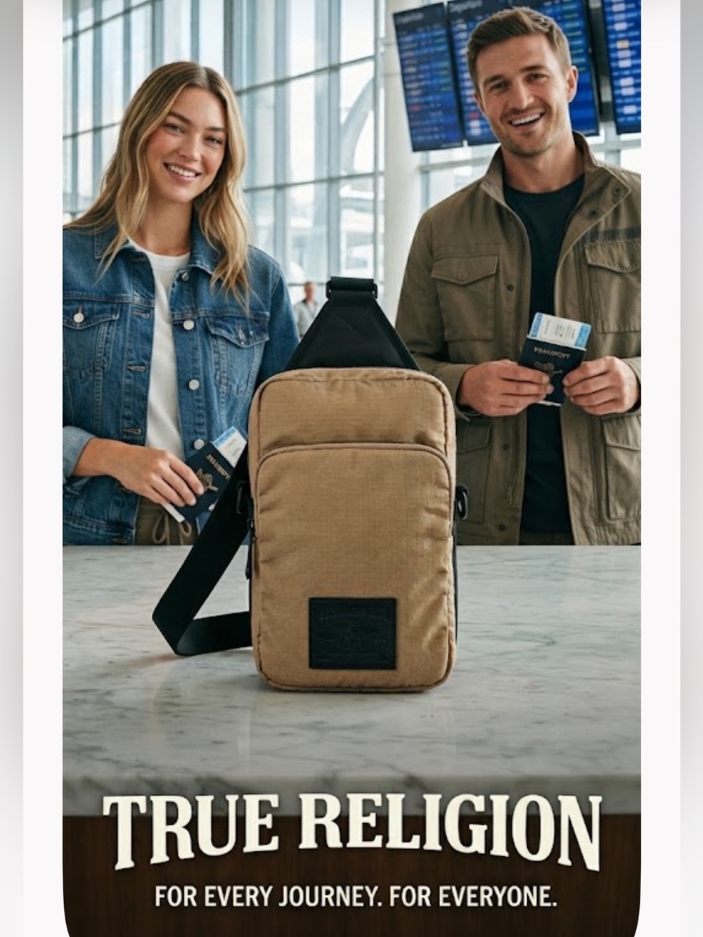 NWT True Religion World Tour Patch  Crossbody Sling Bag Tan Men's Unisex